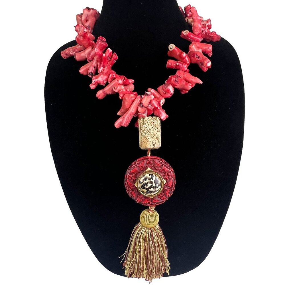 Artisan Coral Stem Necklace with Cinnabar, Button Embellishment and Tassel